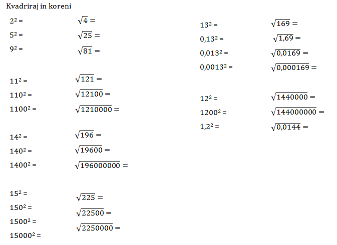 korenjenje in kvadriranje 2