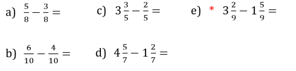 Odstevanje ulomkov z enakimi imenovalci - primeri